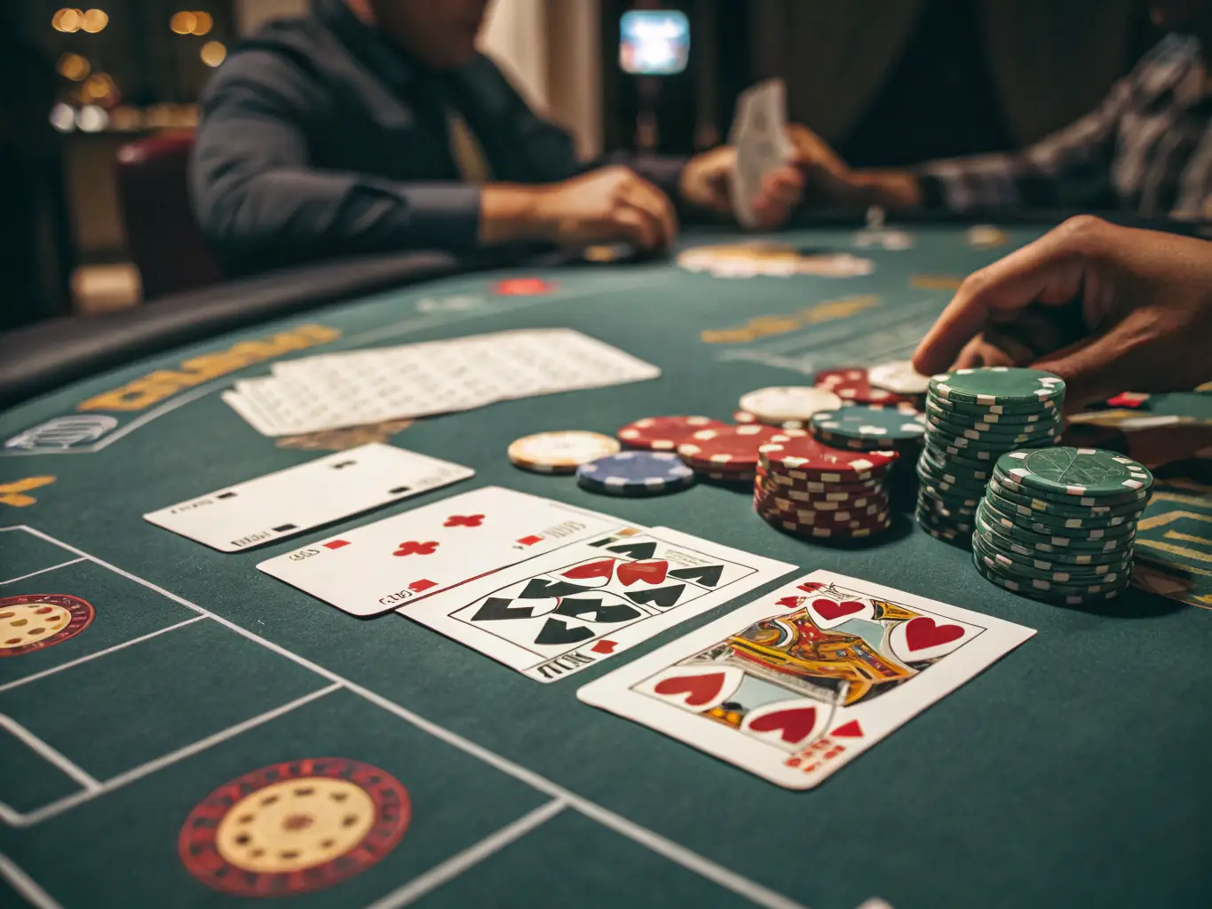 An image showcasing a blackjack table with cards being dealt, capturing the strategic elements and suspense of the game. The focus is on the player's perspective, highlighting the decision-making process.
